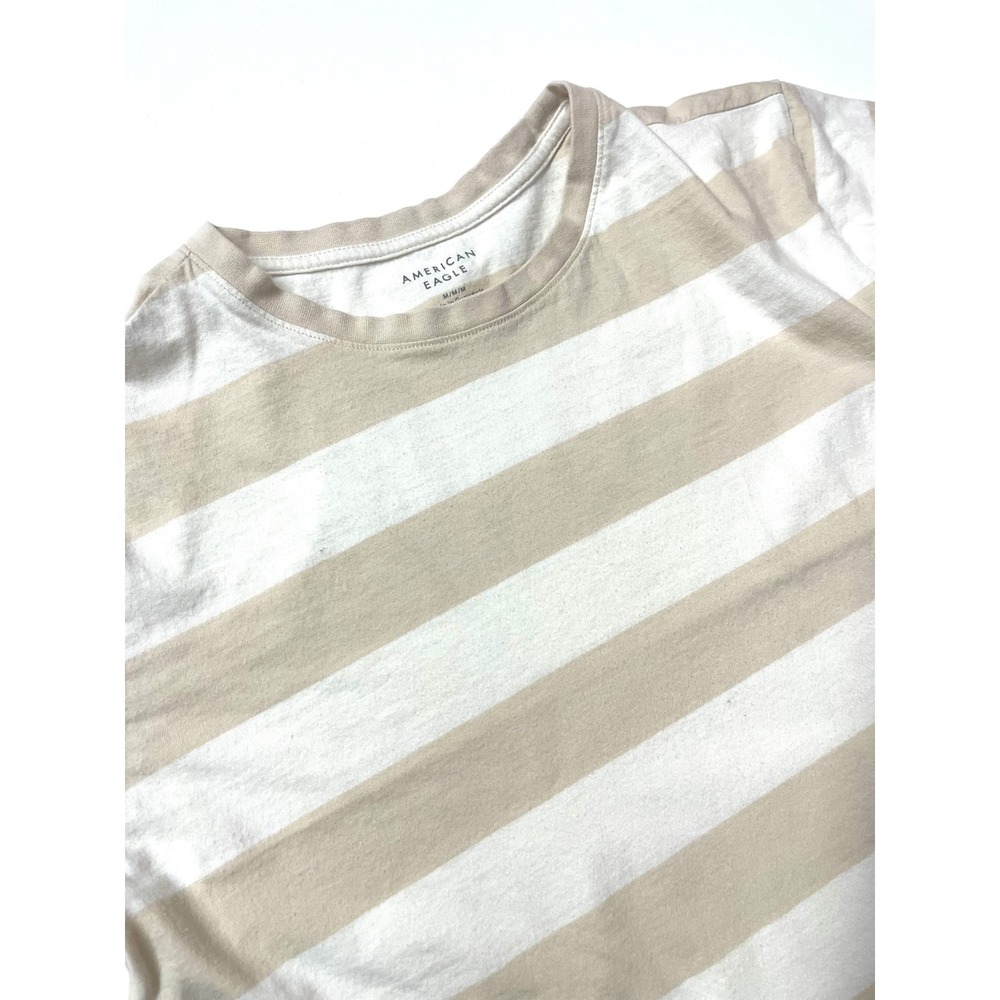 American Eagle Beige White Striped Short Sleeve Crew Neck T-Shirt Medium 0369